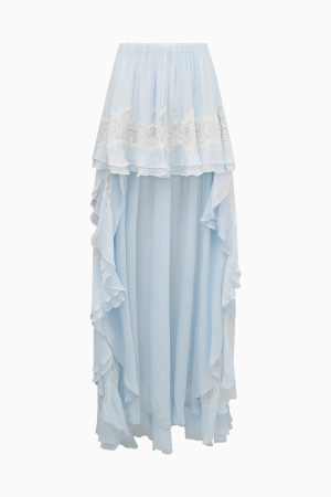 Jolina Silk Chiffon Lace High-Low Skirt